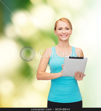 To use this stock image in your creative project, please select the size you need over to the right and click the "Add to Cart" button.
Your downloaded image will come with the Cutcaster watermark removed so don’t worry about the watermark you see on this page. sporty woman with tablet pc stock photo, sport, excercise, technology, internet and healthcare - sporty woman with tablet pc by Syda Productions