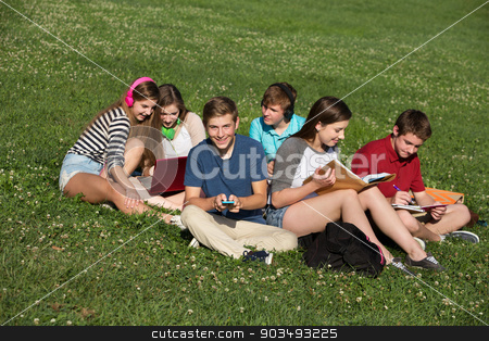 To use this stock image in your creative project, please select the size you need over to the right and click the "Add to Cart" button.
Your downloaded image will come with the Cutcaster watermark removed so don’t worry about the watermark you see on this page. Cute Teens Studying Together stock photo, Group of six male and female teens studying together by Scott Griessel