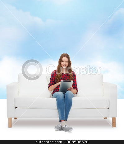 To use this stock image in your creative project, please select the size you need over to the right and click the "Add to Cart" button.
Your downloaded image will come with the Cutcaster watermark removed so don’t worry about the watermark you see on this page. teenage girl sitting on sofa with tablet pc stock photo, home, leisure, technology and happiness concept - smiling teenage girl sitting on sofa with tablet pc comuter by Syda Productions