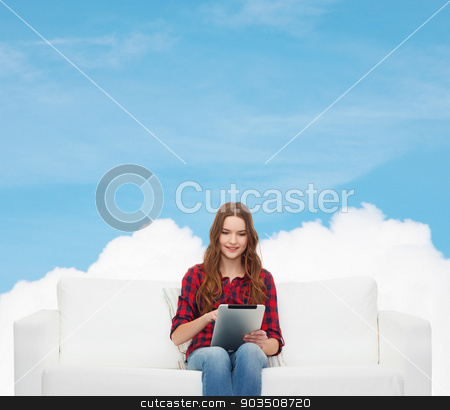 To use this stock image in your creative project, please select the size you need over to the right and click the "Add to Cart" button.
Your downloaded image will come with the Cutcaster watermark removed so don’t worry about the watermark you see on this page. teenage girl sitting on sofa with tablet pc stock photo, home, leisure, technology and happiness concept - smiling teenage girl sitting on sofa with tablet pc comuter by Syda Productions