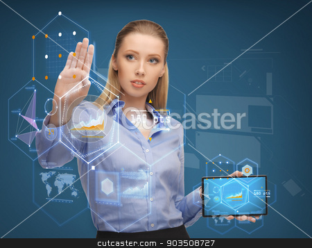 To use this stock image in your creative project, please select the size you need over to the right and click the "Add to Cart" button.
Your downloaded image will come with the Cutcaster watermark removed so don’t worry about the watermark you see on this page. smiling woman working with tablet pc computer stock photo, business, education and technology concept - smiling woman working with tablet pc computer by Syda Productions