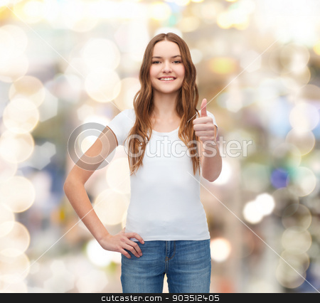 To use this stock image in your creative project, please select the size you need over to the right and click the "Add to Cart" button.
Your downloaded image will come with the Cutcaster watermark removed so don’t worry about the watermark you see on this page. smiling teenager in blank white t-shirt stock photo, t-shirt design concept - smiling teenager in blank white t-shirt showing thumbs up by Syda Productions
