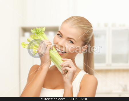 To use this stock image in your creative project, please select the size you need over to the right and click the "Add to Cart" button.
Your downloaded image will come with the Cutcaster watermark removed so don’t worry about the watermark you see on this page. woman biting piece of celery or green salad stock photo, healtcare, food and diet concept - smiling woman biting piece of celery or green salad by Syda Productions