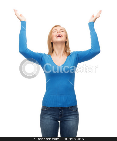 To use this stock image in your creative project, please select the size you need over to the right and click the "Add to Cart" button.
Your downloaded image will come with the Cutcaster watermark removed so don’t worry about the watermark you see on this page. laughing young woman waving hands stock photo, happiness and people concept - laughing young woman with closed eyes waving hands by Syda Productions