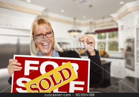 To use this stock image in your creative project, please select the size you need over to the right and click the "Add to Cart" button.
Your downloaded image will come with the Cutcaster watermark removed so don’t worry about the watermark you see on this page. Young Woman Holding Sold Sign and Keys Inside New Kitchen stock photo, Happy Young Woman Holding Sold For Sale Real Estate Sign and Keys Inside Beautiful Custom Kitchen. by Andy Dean