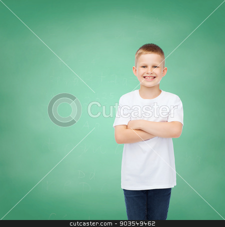 To use this stock image in your creative project, please select the size you need over to the right and click the "Add to Cart" button.
Your downloaded image will come with the Cutcaster watermark removed so don’t worry about the watermark you see on this page. little boy in white t-shirt with arms crossed stock photo, happiness, childhood, education, school and people concept - smiling little boy in white t-shirt over green board background by Syda Productions