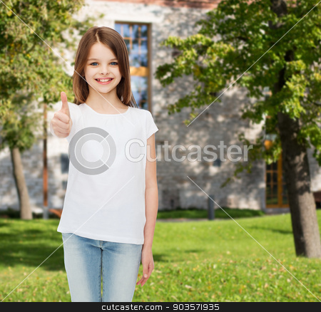 To use this stock image in your creative project, please select the size you need over to the right and click the "Add to Cart" button.
Your downloaded image will come with the Cutcaster watermark removed so don’t worry about the watermark you see on this page. smiling little girl in white blank t-shirt stock photo, advertising, summer vacation, gesture, childhood and people - smiling little girl in white t-shirt showing thumbs up over campus background by Syda Productions
