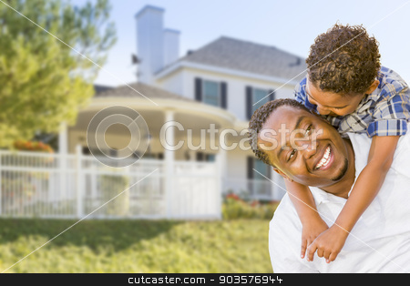 To use this stock image in your creative project, please select the size you need over to the right and click the "Add to Cart" button.
Your downloaded image will come with the Cutcaster watermark removed so don’t worry about the watermark you see on this page. African American Father and Mixed Race Son, House Behind stock photo, Happy Playful African American Father and Mixed Race Son In Front of House. by Andy Dean