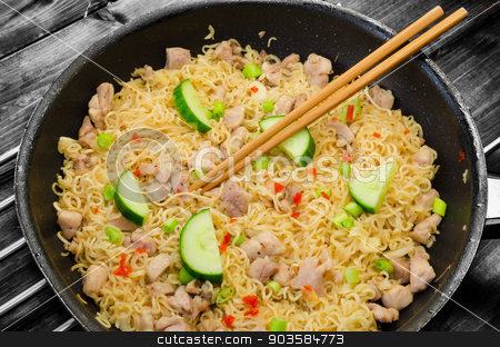 To use this stock image in your creative project, please select the size you need over to the right and click the "Add to Cart" button.
Your downloaded image will come with the Cutcaster watermark removed so don’t worry about the watermark you see on this page. Chinese noodles with chicken stock photo, Chinese noodles with chicken on pan and wood table by Peteer
