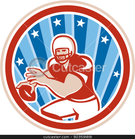 To use this stock image in your creative project, please select the size you need over to the right and click the "Add to Cart" button.
Your downloaded image will come with the Cutcaster watermark removed so don’t worry about the watermark you see on this page. American Football QB Throwing Circle Retro stock vector clipart, Illustration of an american football gridiron quarterback qb holding throwing ball viewed from front set inside circle with stars and stripes in the background done in retro style. by patrimonio