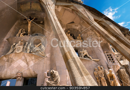 To use this stock image in your creative project, please select the size you need over to the right and click the "Add to Cart" button.
Your downloaded image will come with the Cutcaster watermark removed so don’t worry about the watermark you see on this page. Sagrada Familia - Barcelona Spain stock photo, BARCELONA, SPAIN - JUNE 12, 2014: Details of the facade of the famous Catholic basilica of the Sagrada Familia in Barcelona, Catalonia, Spain. Designed by Antoni Gaudi. Start of construction, 1882 by catalby