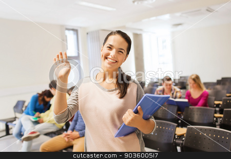To use this stock image in your creative project, please select the size you need over to the right and click the "Add to Cart" button.
Your downloaded image will come with the Cutcaster watermark removed so don’t worry about the watermark you see on this page. group of smiling students in lecture hall stock photo, education, high school, gesture, teamwork and people concept - group of smiling students with notepads waving hand in lecture hall by Syda Productions