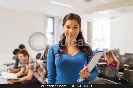 To use this stock image in your creative project, please select the size you need over to the right and click the "Add to Cart" button.
Your downloaded image will come with the Cutcaster watermark removed so don’t worry about the watermark you see on this page. group of smiling students in lecture hall stock photo, education, high school, teamwork and people concept - group of smiling students with notepads sitting in lecture hall by Syda Productions