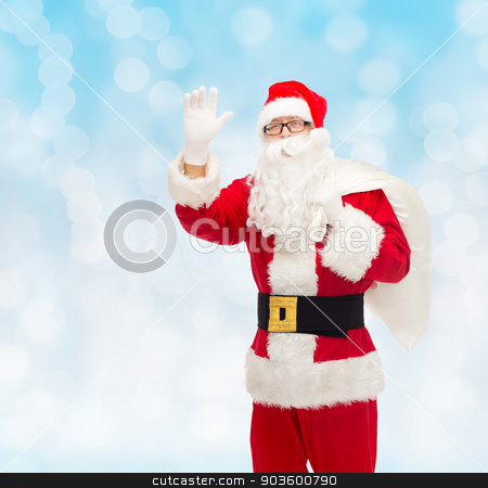 To use this stock image in your creative project, please select the size you need over to the right and click the "Add to Cart" button.
Your downloaded image will come with the Cutcaster watermark removed so don’t worry about the watermark you see on this page. man in costume of santa claus with bag stock photo, christmas, holidays, gesture and people concept - man in costume of santa claus with bag waving hand over blue lights background by Syda Productions
