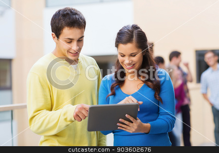 To use this stock image in your creative project, please select the size you need over to the right and click the "Add to Cart" button.
Your downloaded image will come with the Cutcaster watermark removed so don’t worry about the watermark you see on this page. group of smiling students tablet pc computer stock photo, friendship, people, technology and education concept - group of smiling students with tablet pc computer outdoors by Syda Productions