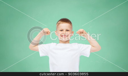To use this stock image in your creative project, please select the size you need over to the right and click the "Add to Cart" button.
Your downloaded image will come with the Cutcaster watermark removed so don’t worry about the watermark you see on this page. happy little boy in white t-shirt flexing biceps stock photo, childhood, gesture, education, advertisement and people concept - smiling boy in white t-shirt flexing biceps over green board background by Syda Productions
