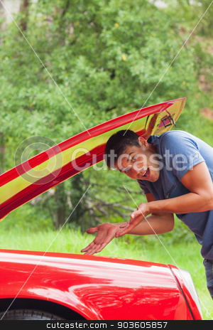 To use this stock image in your creative project, please select the size you need over to the right and click the "Add to Cart" button.
Your downloaded image will come with the Cutcaster watermark removed so don’t worry about the watermark you see on this page. Lost young man checking his car engine after breaking down stock photo, Lost young man checking his car engine after breaking down during a ride in forest by Wavebreak Media