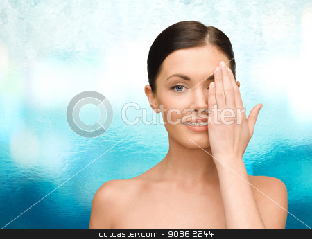 To use this stock image in your creative project, please select the size you need over to the right and click the "Add to Cart" button.
Your downloaded image will come with the Cutcaster watermark removed so don’t worry about the watermark you see on this page. smiling young woman covering face with hand stock photo, beauty, people and health concept - smiling young woman covering half of face with hand over blue glass background by Syda Productions