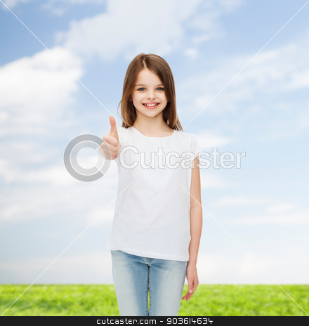 To use this stock image in your creative project, please select the size you need over to the right and click the "Add to Cart" button.
Your downloaded image will come with the Cutcaster watermark removed so don’t worry about the watermark you see on this page. smiling little girl in white blank t-shirt stock photo, advertising, childhood, summer, gesture and people concept - smiling little girl in white blank t-shirt showing thumbs up over natural background by Syda Productions