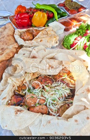 To use this stock image in your creative project, please select the size you need over to the right and click the "Add to Cart" button.
Your downloaded image will come with the Cutcaster watermark removed so don’t worry about the watermark you see on this page. pork kebab stock photo, Delicious pork kebab with vegetables by olinchuk