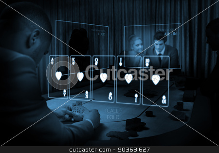 To use this stock image in your creative project, please select the size you need over to the right and click the "Add to Cart" button.
Your downloaded image will come with the Cutcaster watermark removed so don’t worry about the watermark you see on this page. Room of people gambling on table in blue light with holographic stock photo, Room of people gambling on table with holographic card display in blue light in dark room by Wavebreak Media