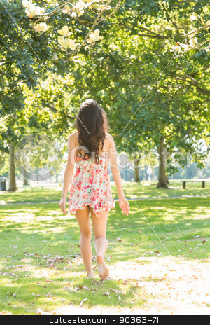 To use this stock image in your creative project, please select the size you need over to the right and click the "Add to Cart" button.
Your downloaded image will come with the Cutcaster watermark removed so don’t worry about the watermark you see on this page. Rear view of stylish brunette walking on grass stock photo, Rear view of stylish brunette walking on grass in a park on a sunny day by Wavebreak Media