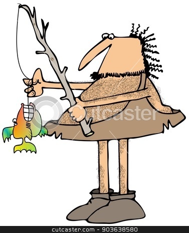 To use this stock image in your creative project, please select the size you need over to the right and click the "Add to Cart" button.
Your downloaded image will come with the Cutcaster watermark removed so don’t worry about the watermark you see on this page. Caveman fisherman stock photo, This illustration depicts a caveman fishing with a branch pole and a small fish with large teeth on the line. by Dennis Cox