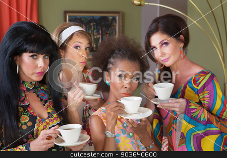 To use this stock image in your creative project, please select the size you need over to the right and click the "Add to Cart" button.
Your downloaded image will come with the Cutcaster watermark removed so don’t worry about the watermark you see on this page. Serious Women Drinking Tea stock photo, Serious group of 1970s style mature women by Scott Griessel