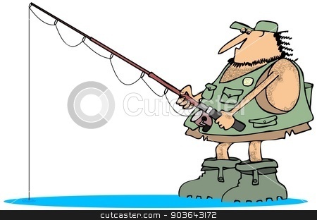 To use this stock image in your creative project, please select the size you need over to the right and click the "Add to Cart" button.
Your downloaded image will come with the Cutcaster watermark removed so don’t worry about the watermark you see on this page. Neanderthal fisherman stock photo, This illustration depicts a caveman wearing rubber boots and a fishing vest holding a pole. by Dennis Cox