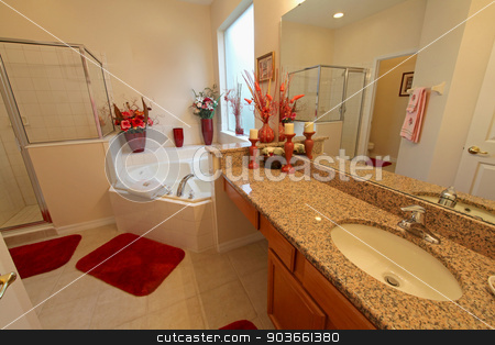 To use this stock image in your creative project, please select the size you need over to the right and click the "Add to Cart" button.
Your downloaded image will come with the Cutcaster watermark removed so don’t worry about the watermark you see on this page. Master Bathroom stock photo, A Master Bathroom interior in a home by Lucy Clark