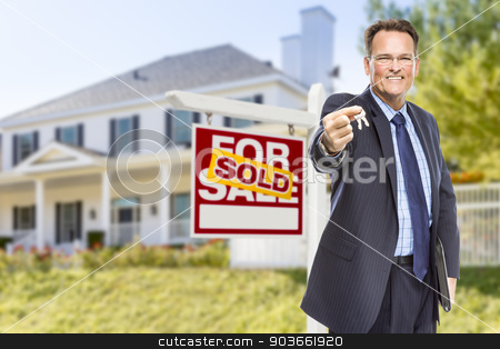 To use this stock image in your creative project, please select the size you need over to the right and click the "Add to Cart" button.
Your downloaded image will come with the Cutcaster watermark removed so don’t worry about the watermark you see on this page. Agent with Keys in Front of Sold Sign and House stock photo, Real Estate Agent with House Keys in Front of Sold Sign and Home. by Andy Dean