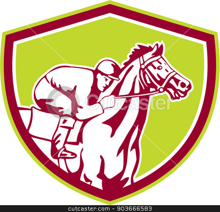 To use this stock image in your creative project, please select the size you need over to the right and click the "Add to Cart" button.
Your downloaded image will come with the Cutcaster watermark removed so don’t worry about the watermark you see on this page. Jockey Horse Racing Shield Retro stock vector clipart, Illustration of horse and jockey racing viewed from the side set inside shield crest shape on isolated background done in retro style. by patrimonio