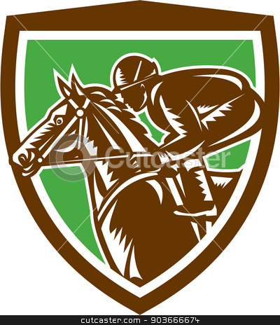 To use this stock image in your creative project, please select the size you need over to the right and click the "Add to Cart" button.
Your downloaded image will come with the Cutcaster watermark removed so don’t worry about the watermark you see on this page. Jockey Horse Racing Side Shield Retro stock vector clipart, Illustration of horse and jockey racing viewed from the side set inside shield crest shape on isolated background done in retro woodcut style. by patrimonio