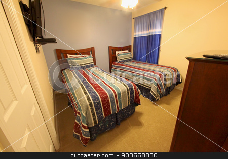 To use this stock image in your creative project, please select the size you need over to the right and click the "Add to Cart" button.
Your downloaded image will come with the Cutcaster watermark removed so don’t worry about the watermark you see on this page. Twin Bedroom stock photo, A Twin Bedroom, interior of a home by Lucy Clark