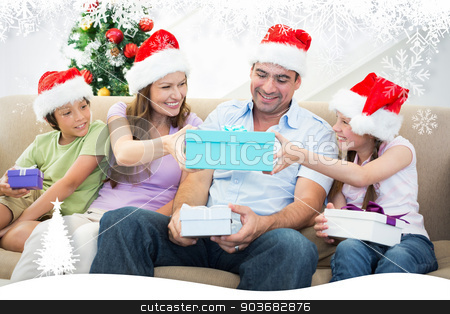 To use this stock image in your creative project, please select the size you need over to the right and click the "Add to Cart" button.
Your downloaded image will come with the Cutcaster watermark removed so don’t worry about the watermark you see on this page. Composite image of family exchanging christmas gifts stock photo, Family exchanging Christmas gifts against fir tree forest and snowflakes by Wavebreak Media