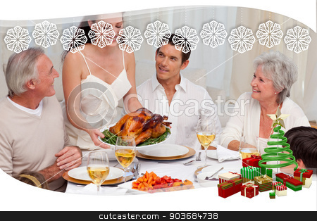 To use this stock image in your creative project, please select the size you need over to the right and click the "Add to Cart" button.
Your downloaded image will come with the Cutcaster watermark removed so don’t worry about the watermark you see on this page. Woman showing turkey to her family for christmas dinner stock photo, Woman showing turkey to her family for Christmas dinner against snowflake frame by Wavebreak Media