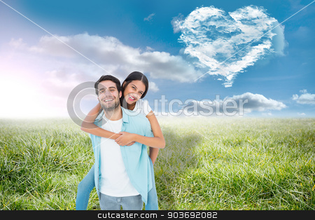 To use this stock image in your creative project, please select the size you need over to the right and click the "Add to Cart" button.
Your downloaded image will come with the Cutcaster watermark removed so don’t worry about the watermark you see on this page. Composite image of happy casual man giving pretty girlfriend pig stock photo, Happy casual man giving pretty girlfriend piggy back against cloud heart by Wavebreak Media