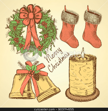 To use this stock image in your creative project, please select the size you need over to the right and click the "Add to Cart" button.
Your downloaded image will come with the Cutcaster watermark removed so don’t worry about the watermark you see on this page. Sketch Christmas set in vintage style stock vector clipart, Sketch Christmas set in vintage style, vector by Lily