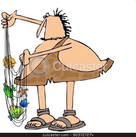 To use this stock image in your creative project, please select the size you need over to the right and click the "Add to Cart" button.
Your downloaded image will come with the Cutcaster watermark removed so don’t worry about the watermark you see on this page. Caveman with fish in his net stock photo, This illustration depicts a caveman holding a net with fish entangled in it. by Dennis Cox