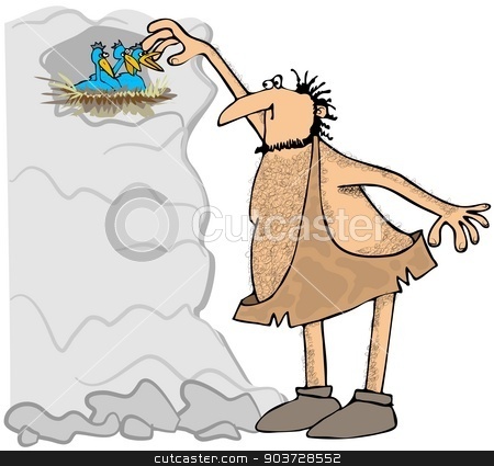 To use this stock image in your creative project, please select the size you need over to the right and click the "Add to Cart" button.
Your downloaded image will come with the Cutcaster watermark removed so don’t worry about the watermark you see on this page. Caveman reaching in a birds nest stock photo, This illustration depicts a caveman reaching into a birds nest holding three small blue birds. by Dennis Cox
