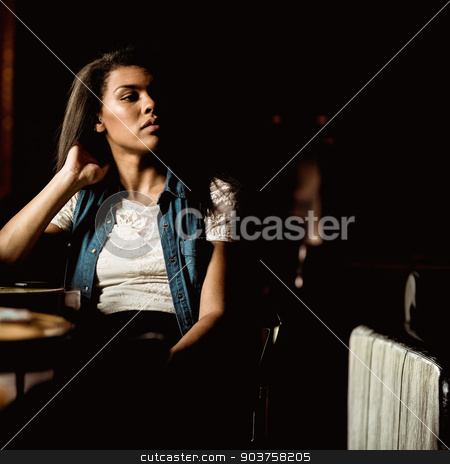 To use this stock image in your creative project, please select the size you need over to the right and click the "Add to Cart" button.
Your downloaded image will come with the Cutcaster watermark removed so don’t worry about the watermark you see on this page. Pretty student sitting alone and thinking stock photo, Pretty student sitting alone and thinking in a pub by Wavebreak Media