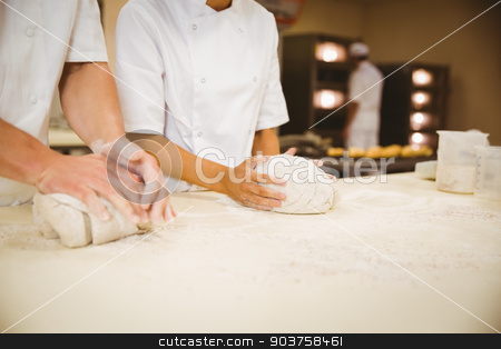 To use this stock image in your creative project, please select the size you need over to the right and click the "Add to Cart" button.
Your downloaded image will come with the Cutcaster watermark removed so don’t worry about the watermark you see on this page. Team of bakers kneading dough stock photo, Team of bakers kneading dough in a commercial kitchen by Wavebreak Media