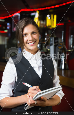 To use this stock image in your creative project, please select the size you need over to the right and click the "Add to Cart" button.
Your downloaded image will come with the Cutcaster watermark removed so don’t worry about the watermark you see on this page. Happy barmaid smiling at camera taking notes stock photo, Happy barmaid smiling at camera taking notes in a bar by Wavebreak Media