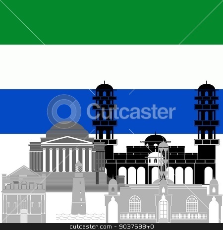 To use this stock image in your creative project, please select the size you need over to the right and click the "Add to Cart" button.
Your downloaded image will come with the Cutcaster watermark removed so don’t worry about the watermark you see on this page. Republic of Sierra Leone stock vector clipart, State flag and architecture of the country. Illustration on white background. by Sergey Skryl