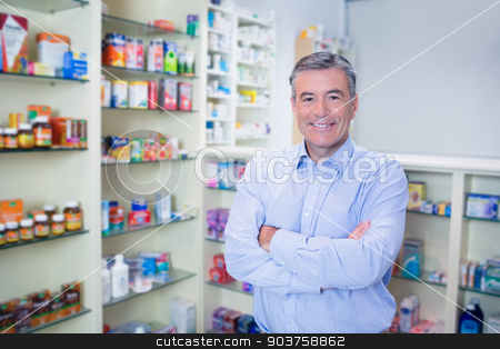 To use this stock image in your creative project, please select the size you need over to the right and click the "Add to Cart" button.
Your downloaded image will come with the Cutcaster watermark removed so don’t worry about the watermark you see on this page. Portrait of a smiling pharmacist standing with arms crossed stock photo, Portrait of a smiling pharmacist standing with arms crossed in the pharmacy by Wavebreak Media