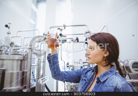 To use this stock image in your creative project, please select the size you need over to the right and click the "Add to Cart" button.
Your downloaded image will come with the Cutcaster watermark removed so don’t worry about the watermark you see on this page. Stylish brunette in denim jacket looking at beaker of beer stock photo, Stylish brunette in denim jacket looking at beaker of beer in the factory by Wavebreak Media