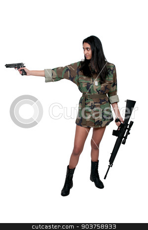 To use this stock image in your creative project, please select the size you need over to the right and click the "Add to Cart" button.
Your downloaded image will come with the Cutcaster watermark removed so don’t worry about the watermark you see on this page. Woman Soldier stock photo, Beautiful young woman soldier with a pistol and rifle by Robert Byron