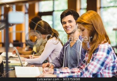 To use this stock image in your creative project, please select the size you need over to the right and click the "Add to Cart" button.
Your downloaded image will come with the Cutcaster watermark removed so don’t worry about the watermark you see on this page. Student looking at camera while studying with classmates stock photo, Student looking at camera while studying with classmates in library by Wavebreak Media