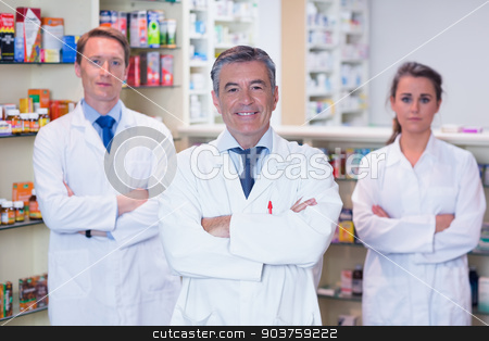 To use this stock image in your creative project, please select the size you need over to the right and click the "Add to Cart" button.
Your downloaded image will come with the Cutcaster watermark removed so don’t worry about the watermark you see on this page. Smiling pharmacy team standing with arms folded stock photo, Smiling pharmacy team standing with arms folded in the pharmacy by Wavebreak Media