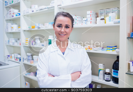 To use this stock image in your creative project, please select the size you need over to the right and click the "Add to Cart" button.
Your downloaded image will come with the Cutcaster watermark removed so don’t worry about the watermark you see on this page. Portrait of a smiling student in lab coat with arms crossed stock photo, Portrait of a smiling student in lab coat with arms crossed in the pharmacy by Wavebreak Media